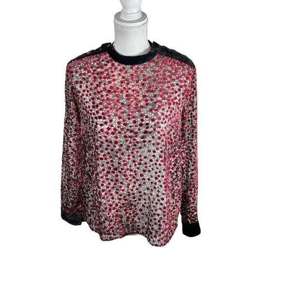 The Kooples Paris Black Semi Sheer Velvet Red Cherry Blossom Blouse - Picture 2 of 10